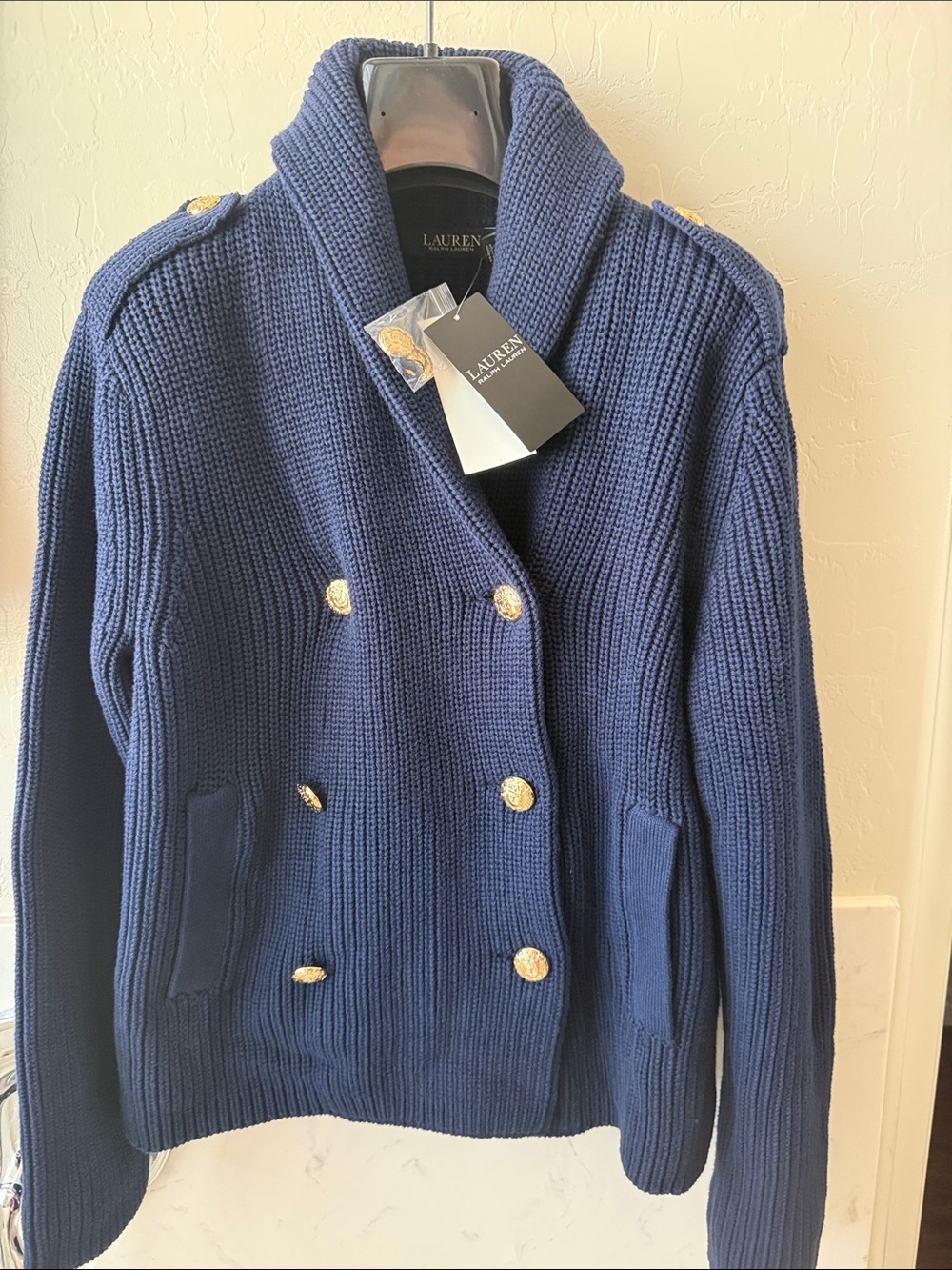 Lauren Ralph Lauren Navy Double-Breasted Knit Pea Coat with Gold Buttons